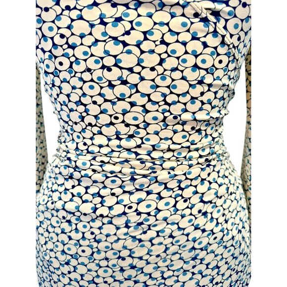 Max Studio MSSP‎ Wrap Dress Long Sleeve Jersey Med V Neck Ruch Waist Blue White - Picture 7 of 12